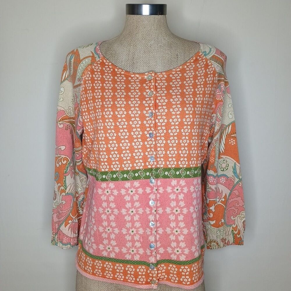Susan Bristol Vintage Women's Sweater Sz L Button Front Orange Paisley Metallic